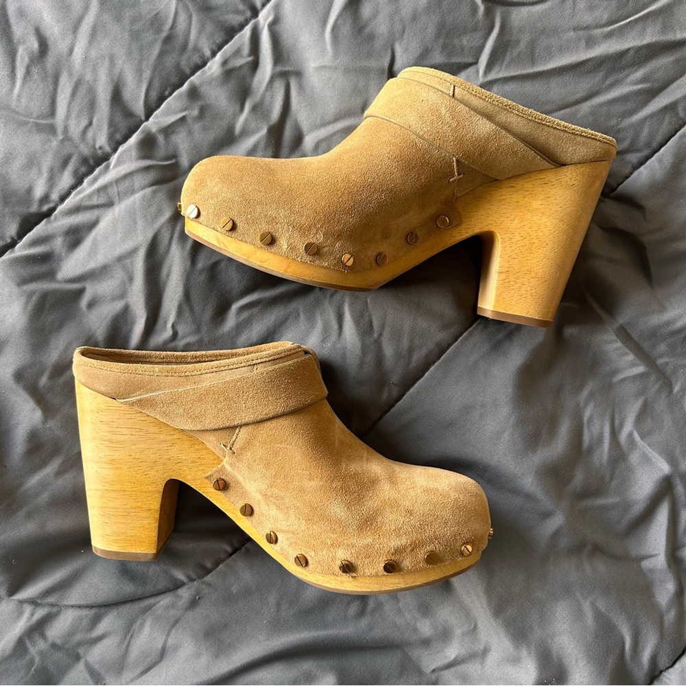 Veronica Beard Tan Studded Suede Upper Clog Heels Mule 8.5 Women’s